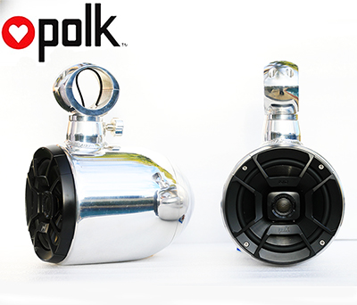 Pair of Quick Rotatable Single Aluminum Polished Pods Polk DB652 300Watt Marine Speaker Installed 