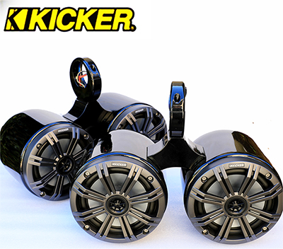 Pair of Twin Black Coated Bullet Speaker Pods Kicker KM654CW Marine Speaker Installed