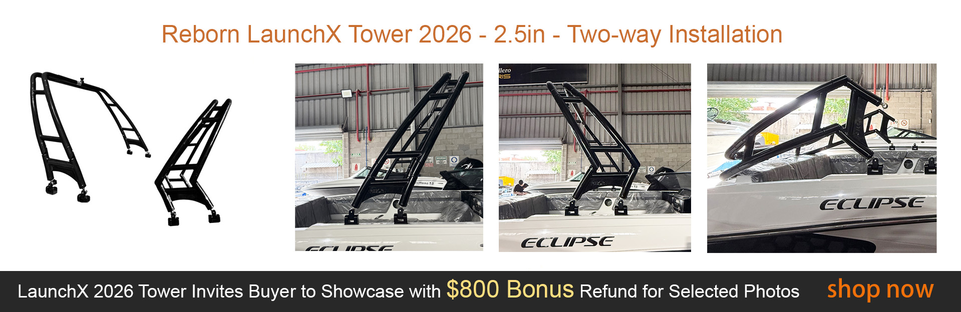 Reborn Launch wakeboard tower with foldable bimini